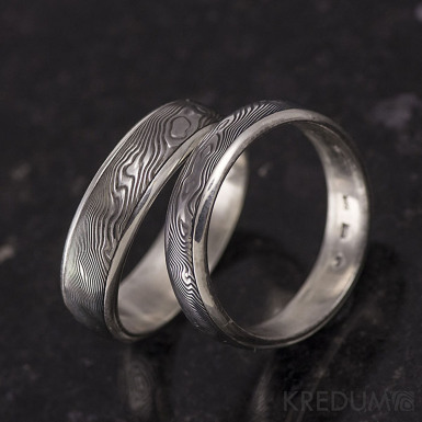 Luna - dřevo - stříbrný snubní prsten a damasteel
