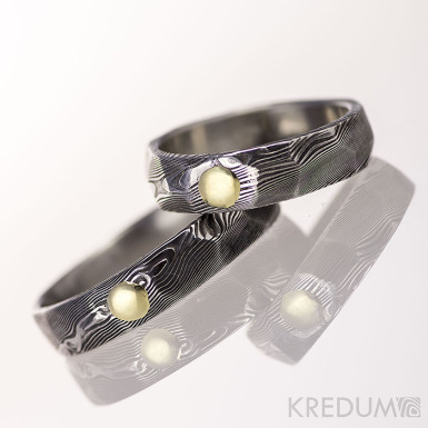 Rock damasteel a zlat suk - vzor devo - kovan snubn prsten z nerezov oceli