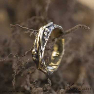 Gordik Mokume Gold yellow - patina - Motan zlat prsten s ozdobami - SK4344