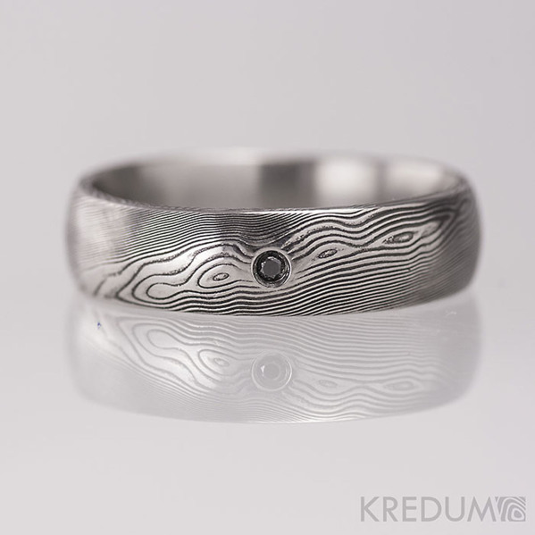 PRIMA a černý diamant 1,7 mm - dřevo - Snubní prsten kovaná nerezová ocel damasteel, S1162